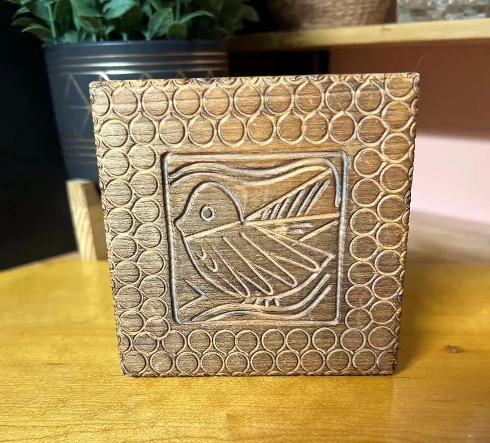1970s Polish Folk Art Hand Carved Wooden Box, Bird Motif Trinket Chest